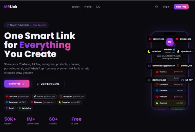 MRLink homepage — link-in-bio platform for creators